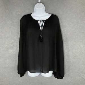 Daniel Rainn Pleated Blouse Tie Neck Long Sleeve‎ Black Flowy Tassels Top Size M